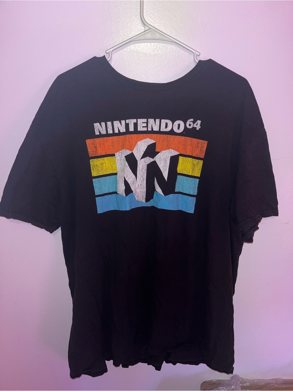Nintendo Black T-Shirt with Orange Yellow and Blue Retro Stripes